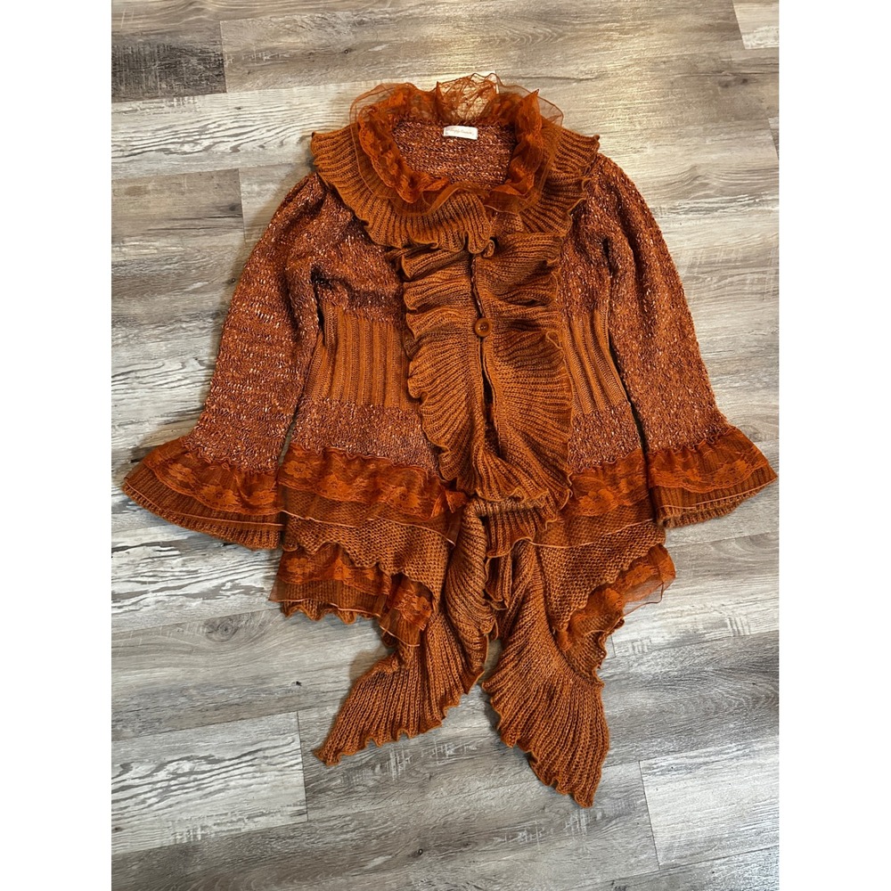 Simply Couture Burnt Orange Ruffled Lace Trim Longline Cardigan Sweater 1X